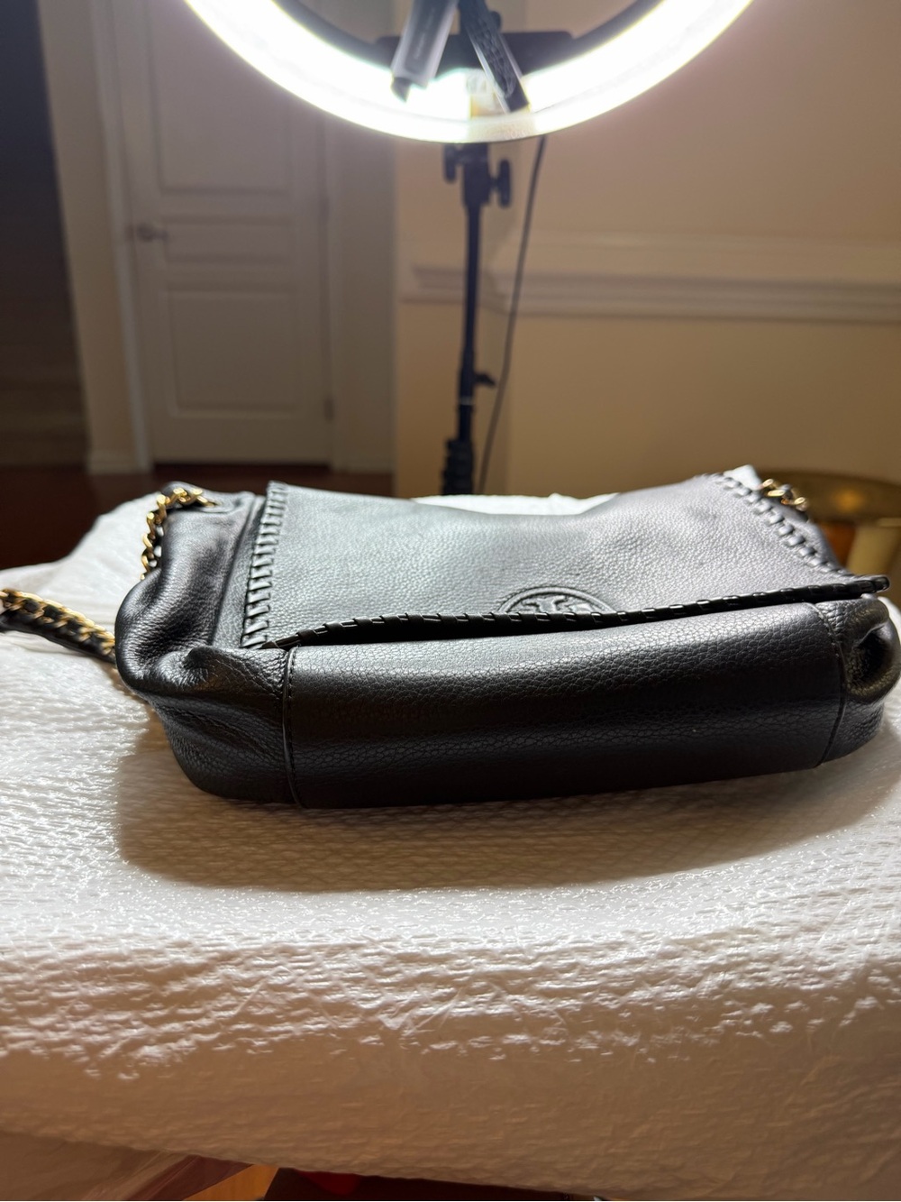 Tory Burch Black Pebbled Leather Chain-Shoulder Flap Bag - Picture 8 of 9